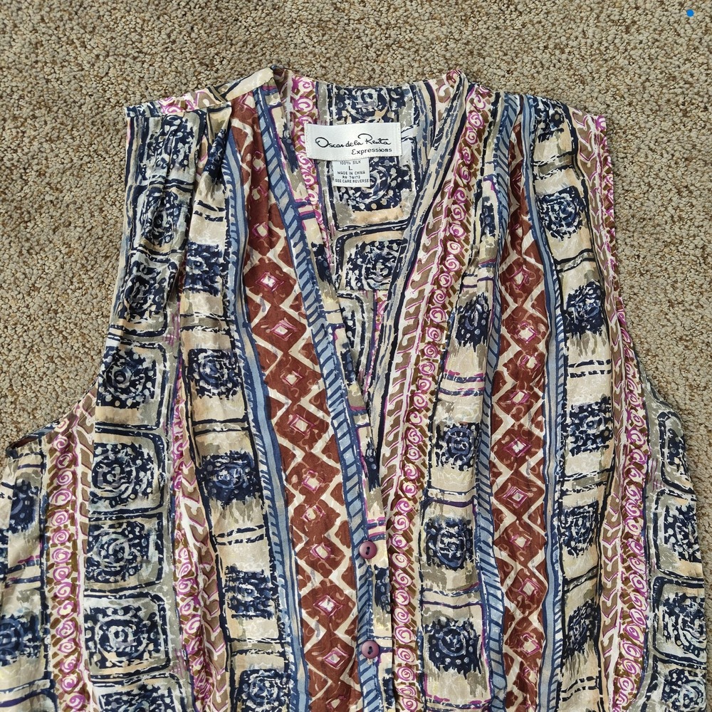 VTG Oscar de la Renta Womens L Silk Sleeveless Button Blouse Geometric - Picture 5 of 7
